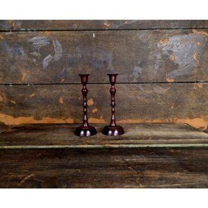Vintage brown metal taper candlesticks / Christmas candle holders